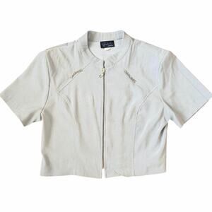 Vintage 80s 90s Short Sleeve Cropped Jacket Blazer Wide Shoulders Faux Suede